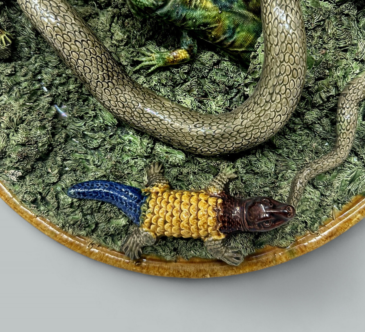 447. Antique Majolica Palissy Portuguese Charger by Jose A Cunha Butterfly Snake 1905 - Image 8