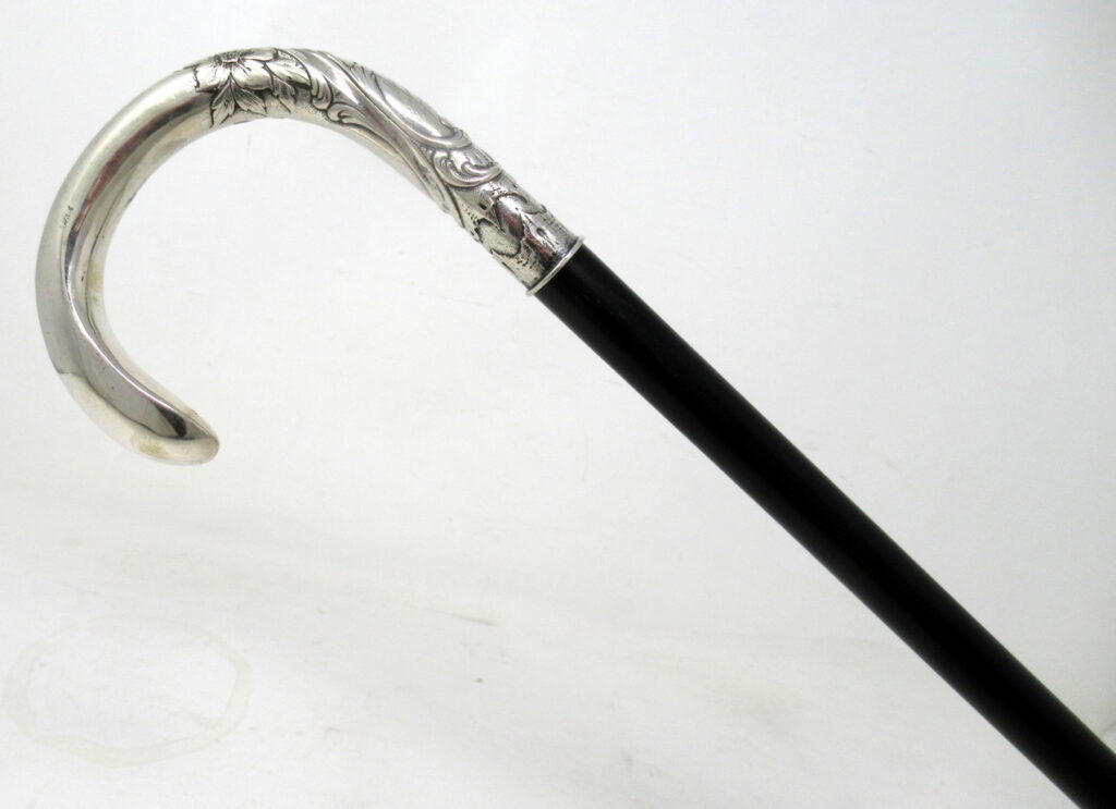 464. SOLD. Antique Vintage French Ebony Walking Stick Dress Cane Sterling Silver 1912