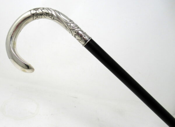 464. Antique Vintage French Ebony Walking Stick Dress Cane Sterling Silver 1912