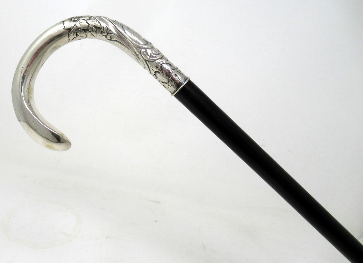 464. Antique Vintage French Ebony Walking Stick Dress Cane Sterling Silver 1912