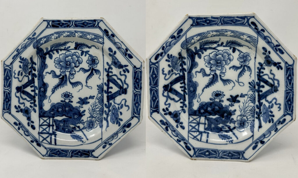 721. Pair Antique Irish Dublin Delftware Blue White Charger Plate Delamain Ireland