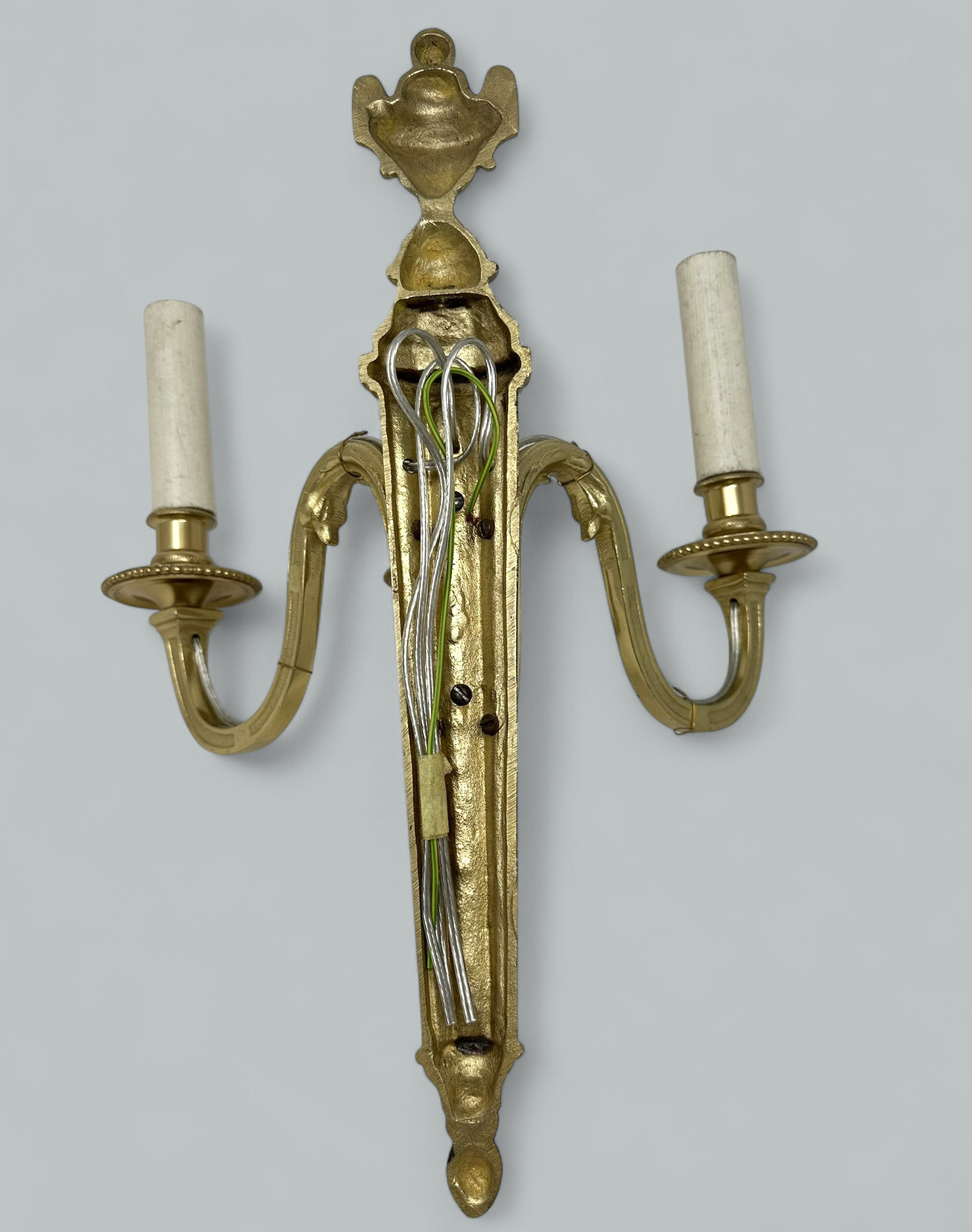 496. Antique Pair Ormolu Gilt Bronze Treble Light Wall Electric Sconces Appliques 19C - Image 8
