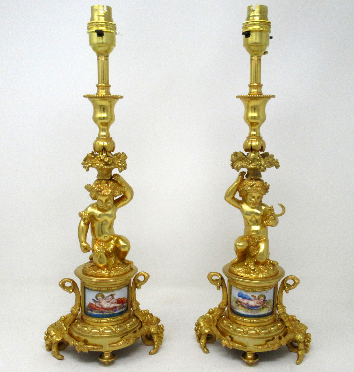 509. Antique Pair French Sèvres Celeste Porcelain Gilt Bronze Cherub Table Lamps 19Ct