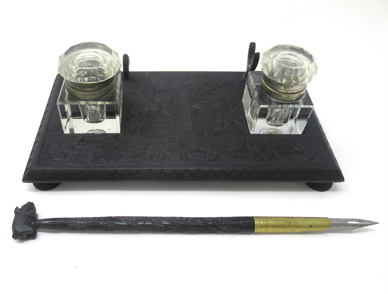 158. Irish Carved Bog Oak Desk Set Candlestick Shamrock Harp Greyhound Dublin Ireland - Image 12