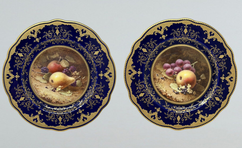 805. Antique Coalport Cabinet Plates Hand Painted Frederick Chivers Still Life 1910