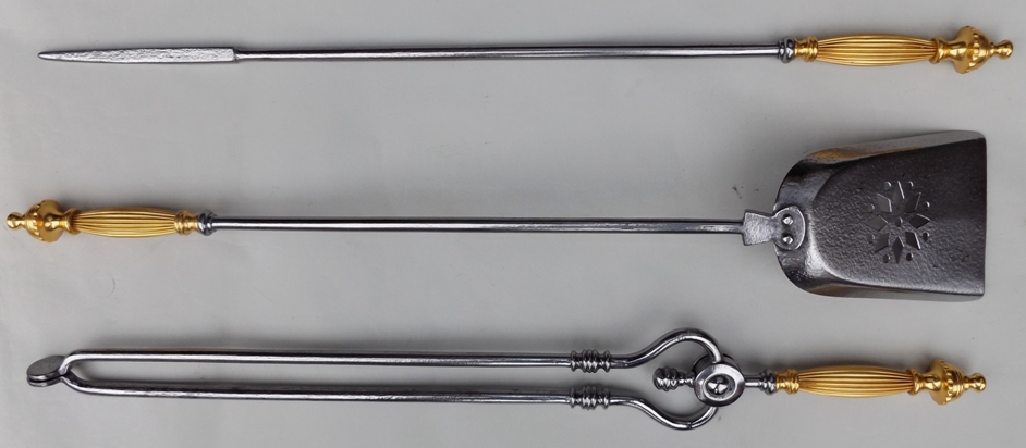 832. Fine Set Burnished Steel Fire Tools Gold Plated Handles Circa 1860 - Image 6