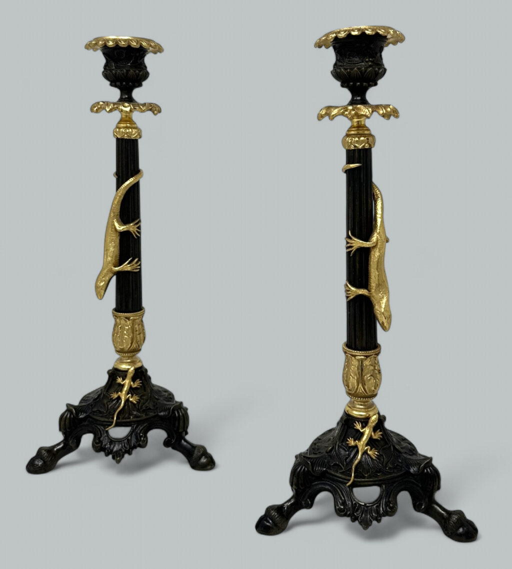 884. Antique Pair French Ormolu Gilt Bronze Dore Empire Candlesticks with Lizards 19C