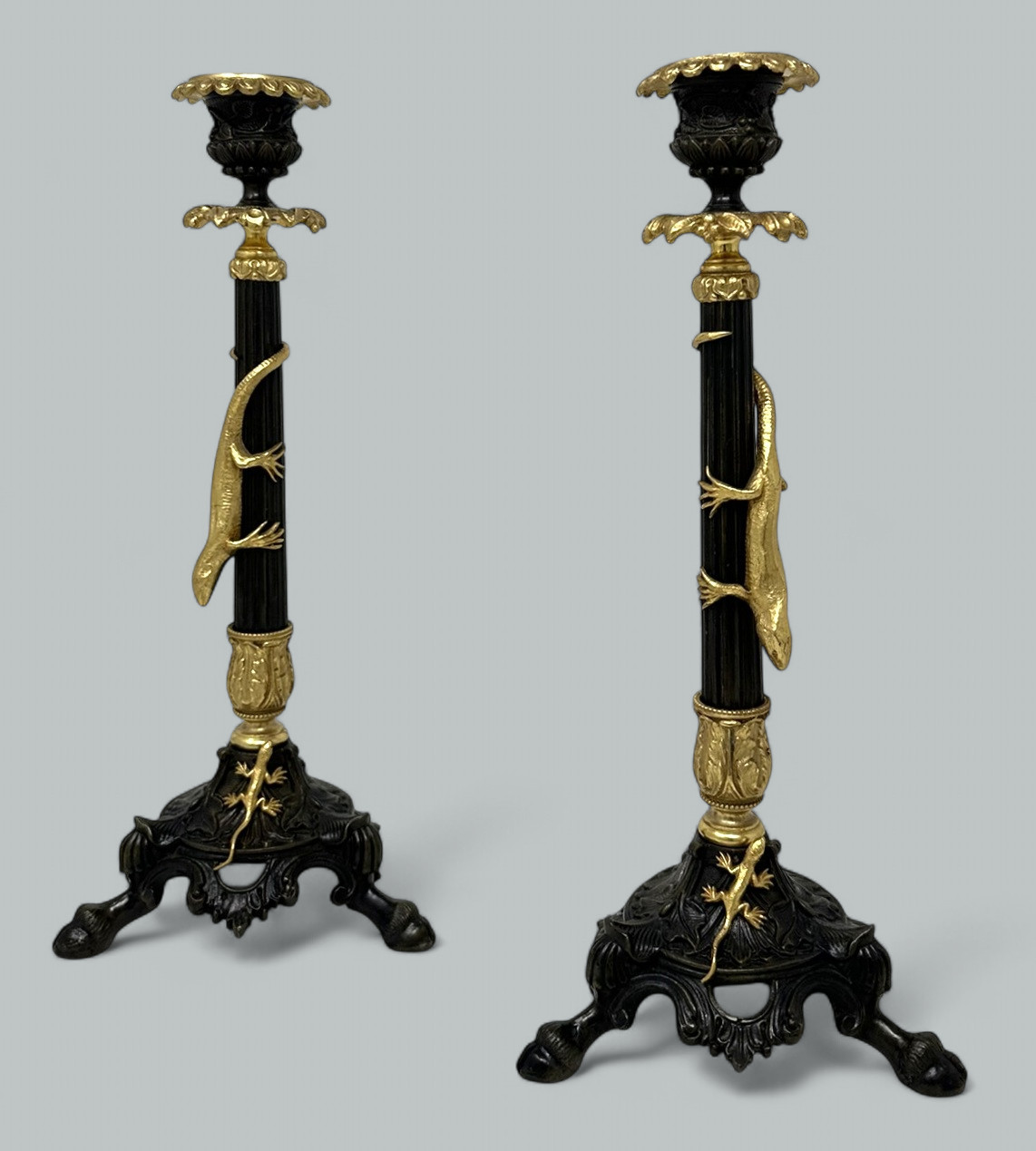 884. Antique Pair French Ormolu Gilt Bronze Dore Empire Candlesticks with Lizards 19C