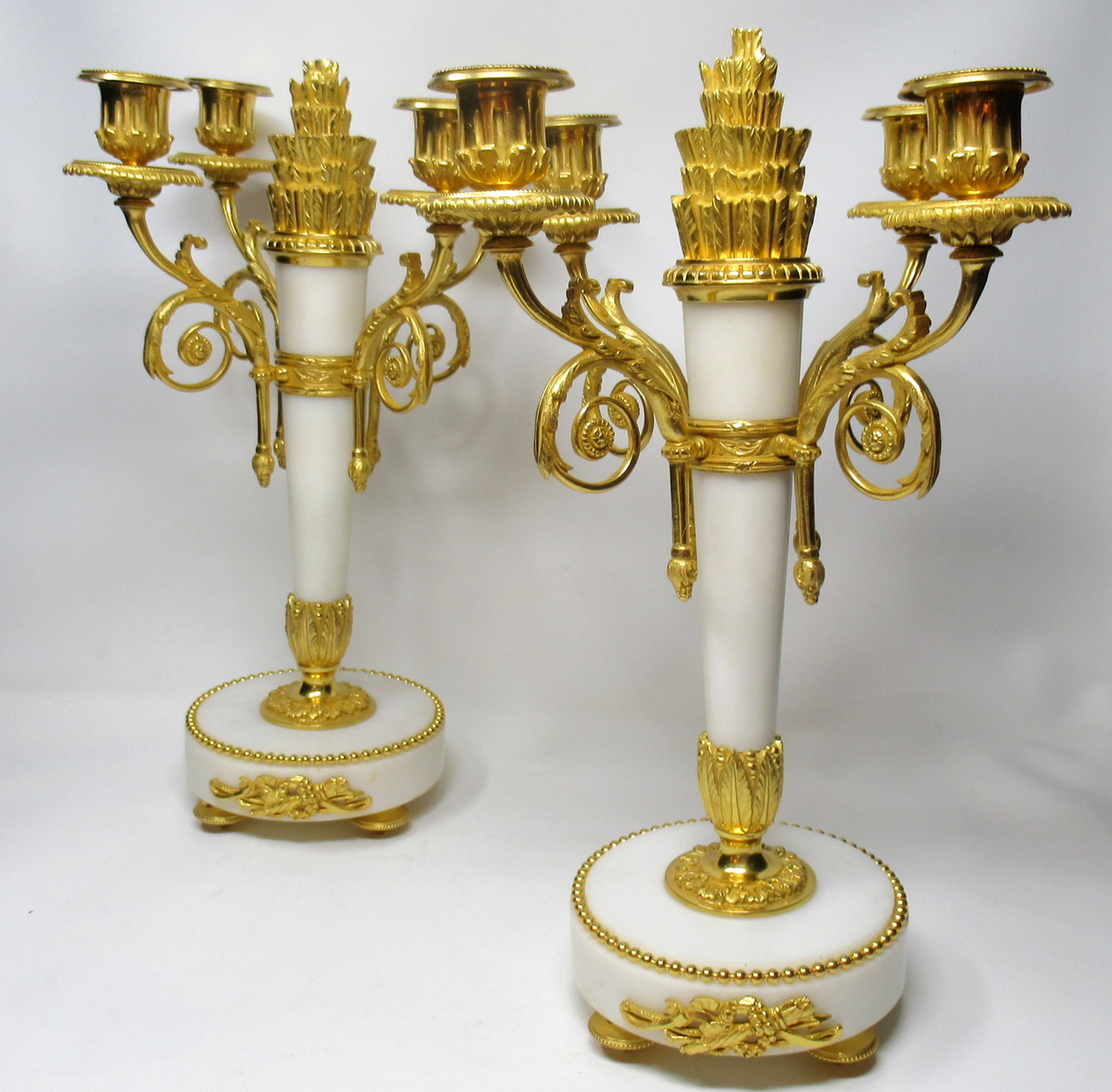 393. Stunning Pair Large Ormolu Marble Four Branch Candelabra Manner Pierre Gouthiere 19thCt