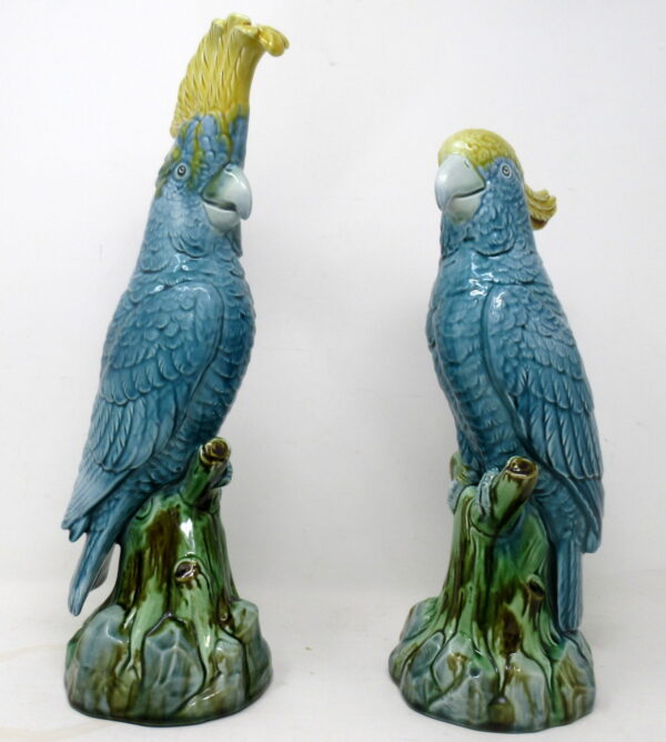 442. Pair Minton Majolica Staffordshire Porcelain Birds Parakeets Cockrels Cockatoo