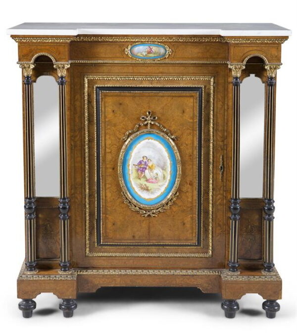 106. Superb French Walnut Side Cabinet Marble Top Sevres Porcelain Plaques 19thCt