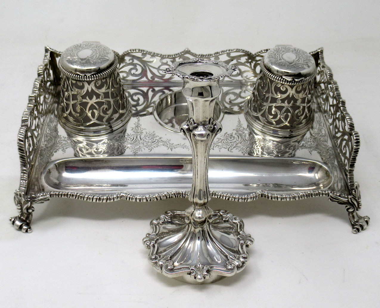 973. Antique Georgian English Sterling Silver Desk Inkstand Charles Thomas Fox 1853 - Image 5