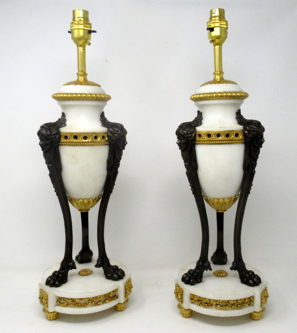 684. Antique Pair of French Ormolu Gilt Bronze White Cream Marble Urns Table Lamps - Image 2