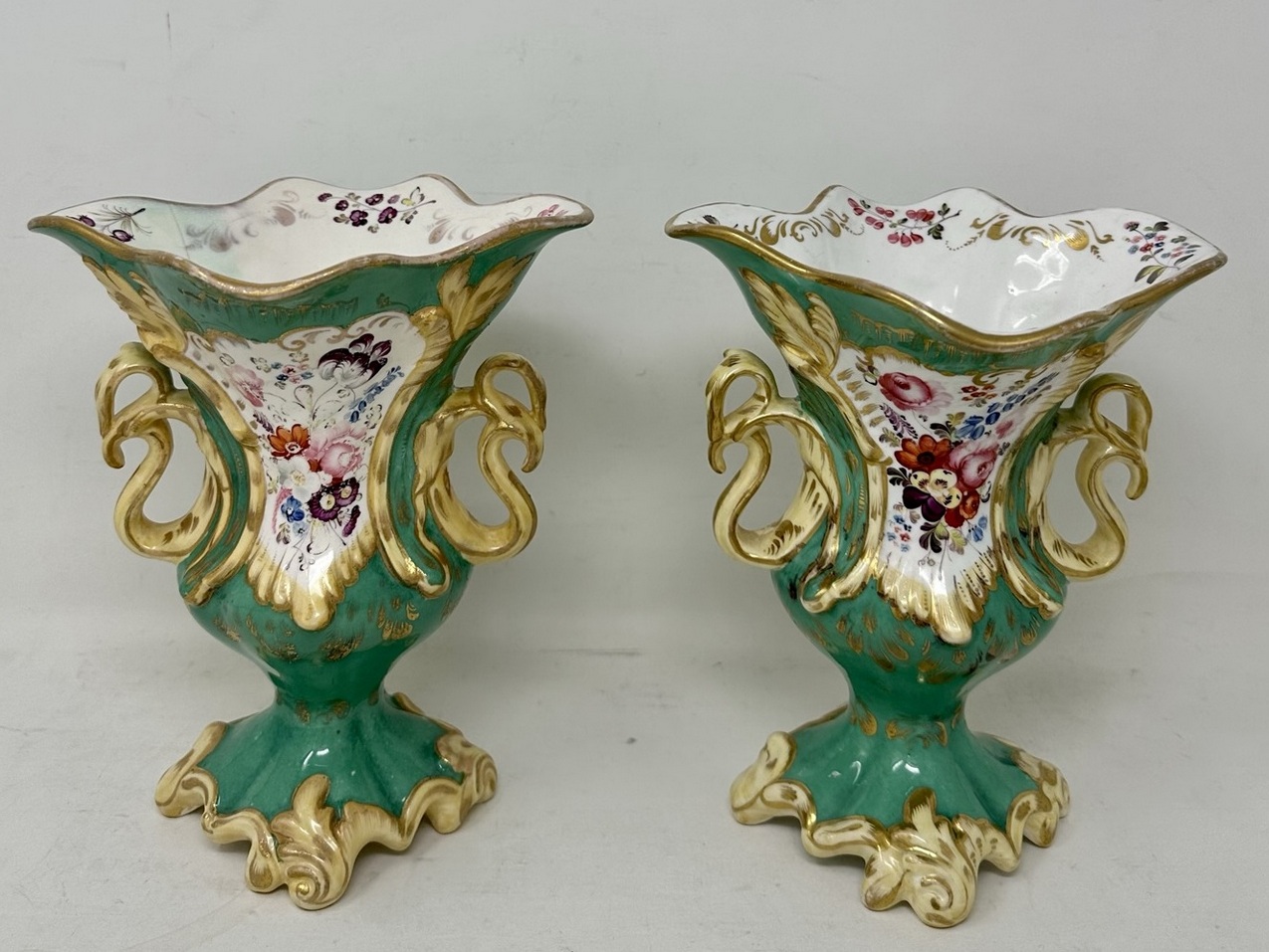 521. Antique Pair English Porcelain Green Samuel Alcock Vases Urns Still Life Flowers - Image 3