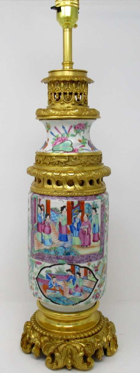 171. Cantonese Famille Rose Hand Painted Table Lamp Ormolu Mounted 19thCt
