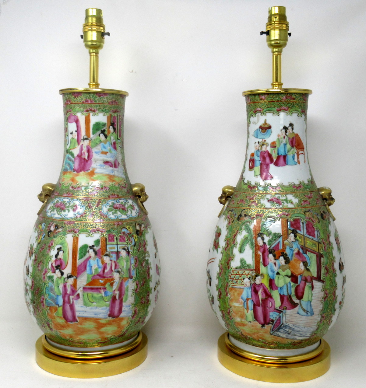 759. Antique Famille Rose Medallion Canton Cantonese Ormolu Chinese Table Lamps Pair - Image 2