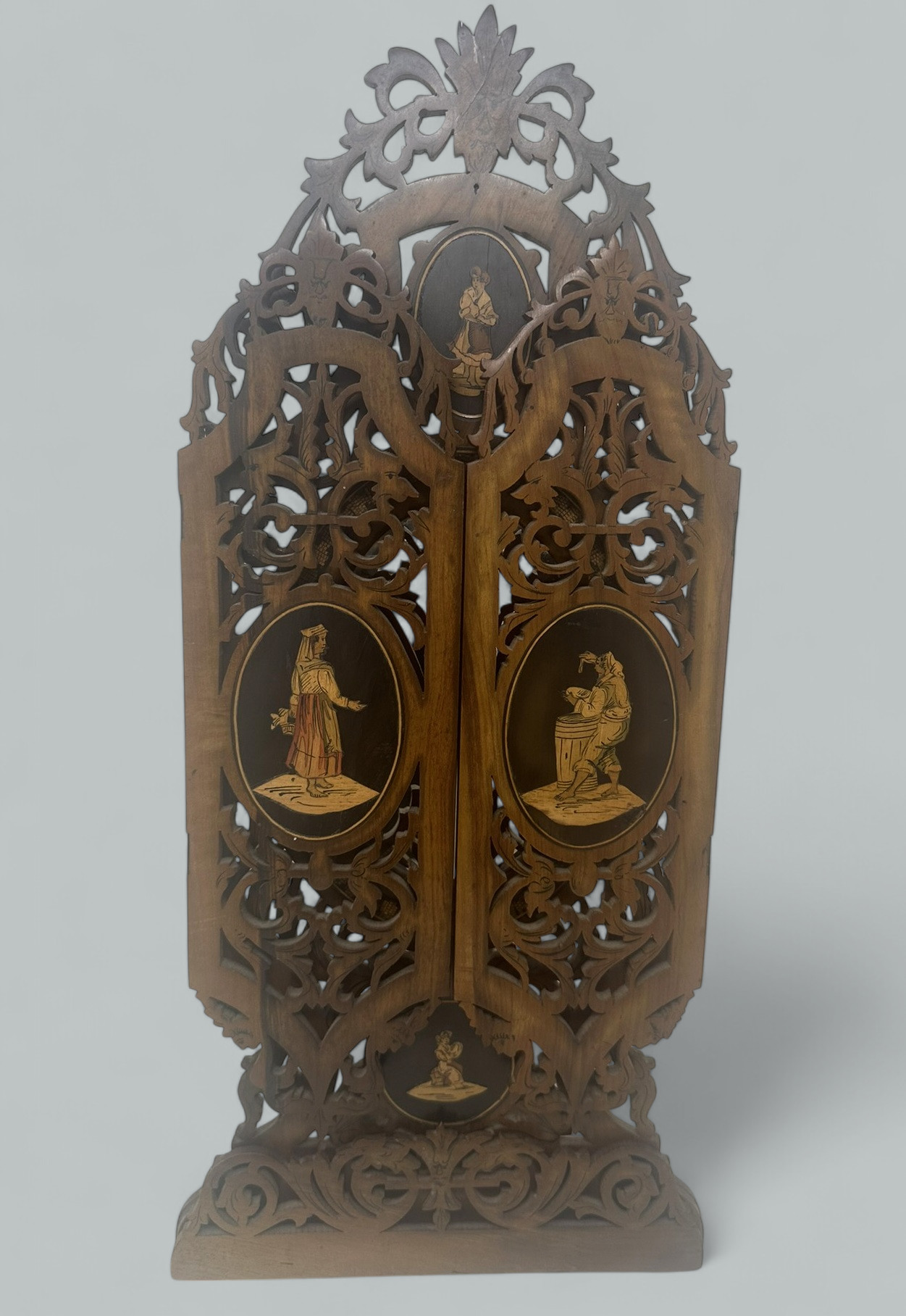 950. Antique Italian Triptych Sorrento Ware Walnut Crutch Oval Folding Mirror 19th Ct - Image 4