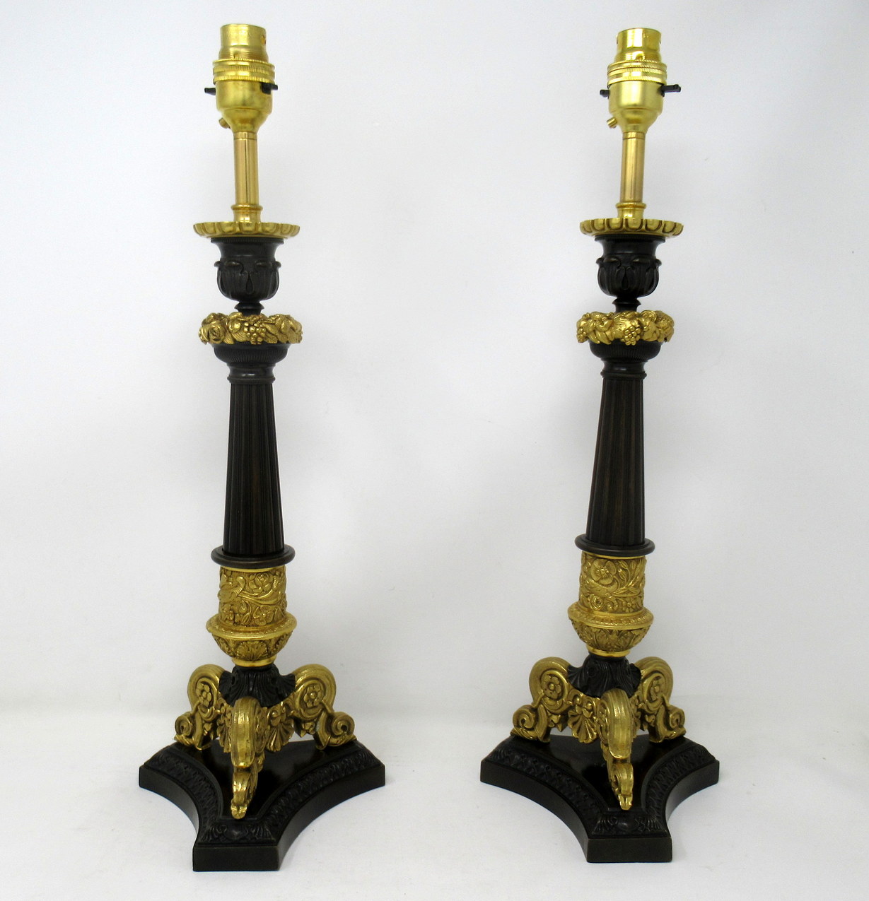 985. Antique Pair of French Doré Bronze Neoclassical Ormolu Candlestick Lamps 19thCt - Image 3
