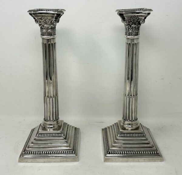 968. Antique Pair English Sterling Silver Candlesticks Candelabra Corinthian Columns