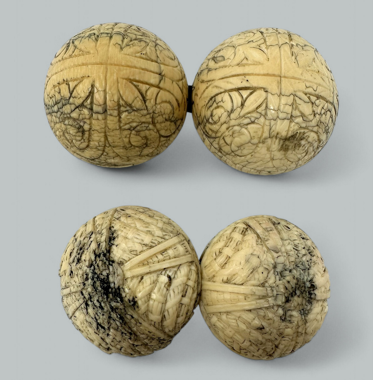 981. Antique Hand Carved Grand Tour Ivory Spheres Diptych Form 19th Century - Image 7