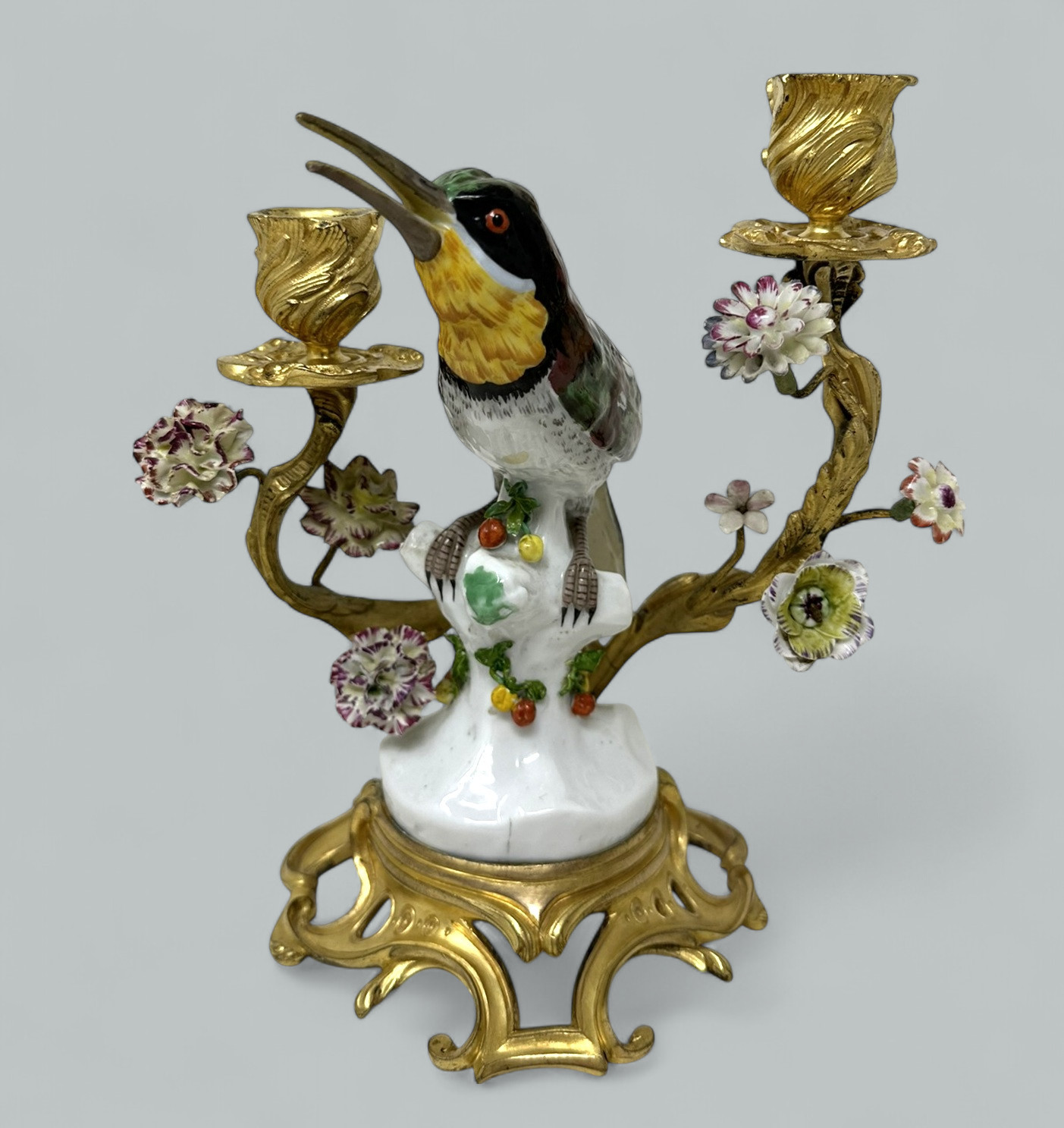 101. Antique Pair French Ormolu Gilt Porcelain Birds Candlesticks Candelabra Samson - Image 5