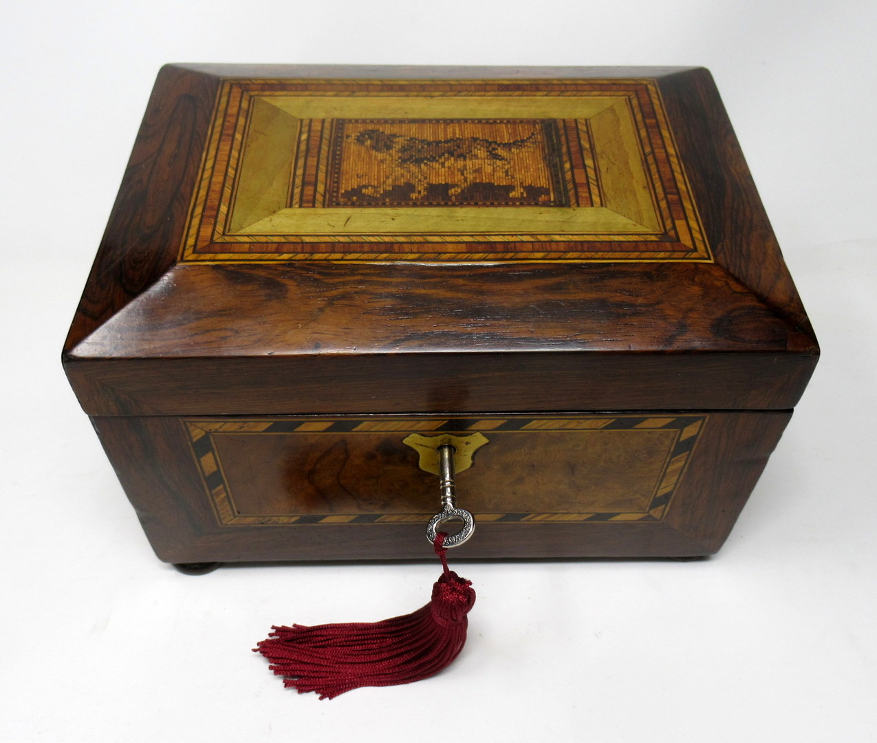 344. Antique Victorian Rosewood Tunbridge Ware Double Tea Caddy Box 19th Century