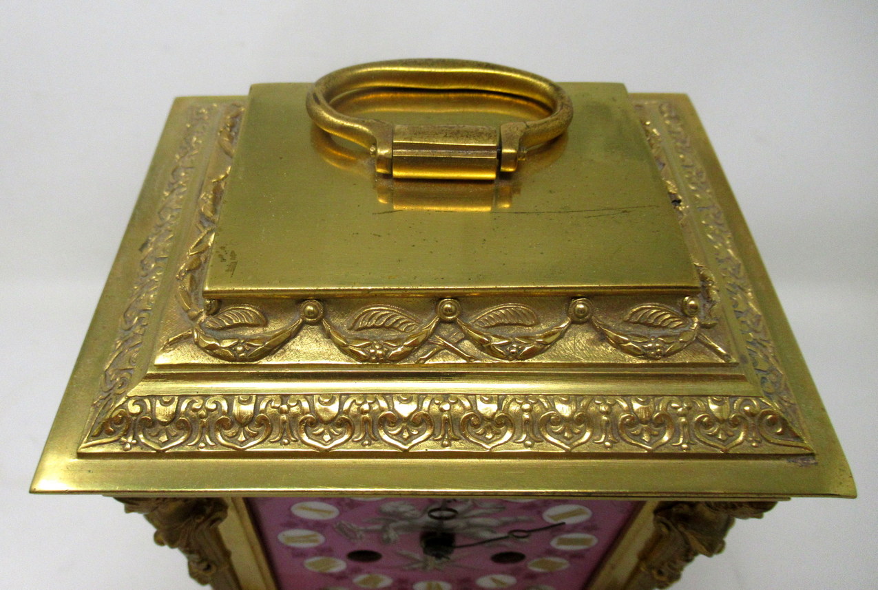 351. French Ormolu Bronze Sèvres Pompadour Pink Porcelain Mantle Carriage Clock 19Ct - Image 9