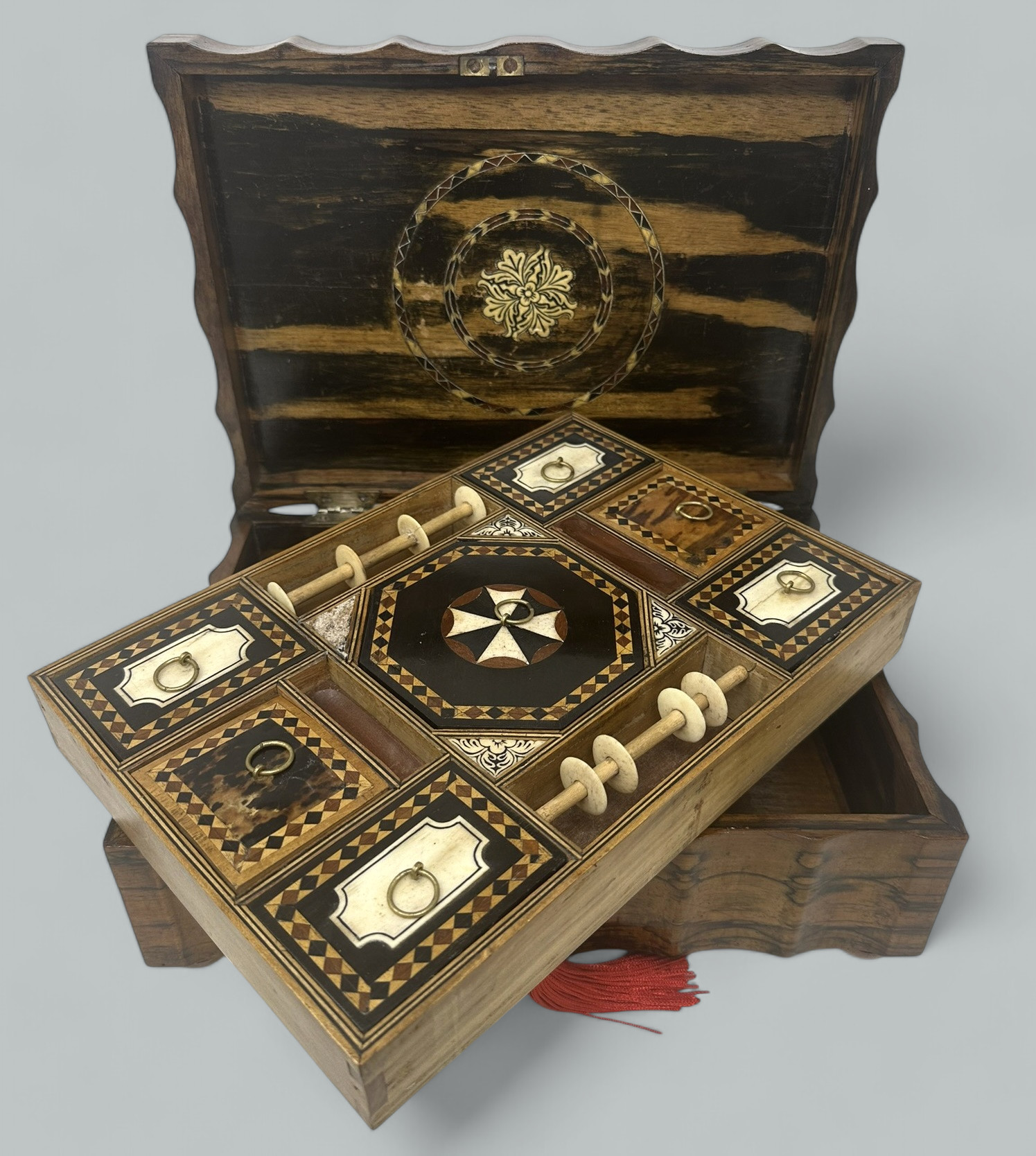 108. Antique Anglo Indian Coromandel Satinwood Ladys Jewelry Sewing Table Box 19th Ct - Image 7