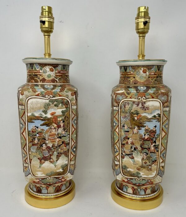 872. Antique Pair Japanese Satsuma Table Lamps Vases Urns Meiji Period 1868-1912