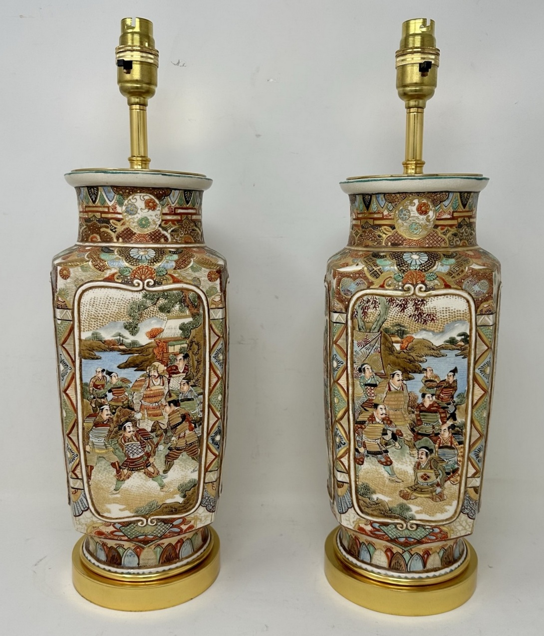 872. Antique Pair Japanese Satsuma Table Lamps Vases Urns Meiji Period 1868-1912