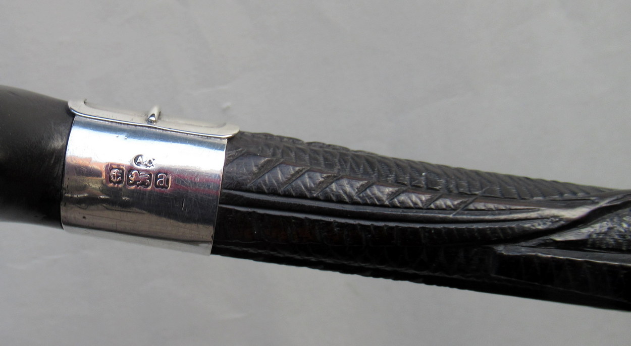 921. Fine Hand Carved Irish Bog Oak Walking Stick Silver Collar Hallmark 1900 - Image 4