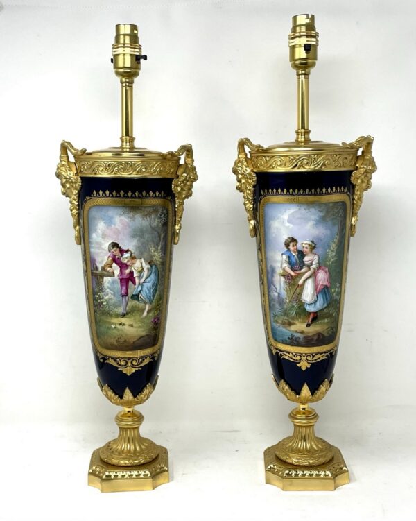116. Pair Antique French Sèvres Porcelain Ormolu Gilt Bronze Dore Table Urn Lamps