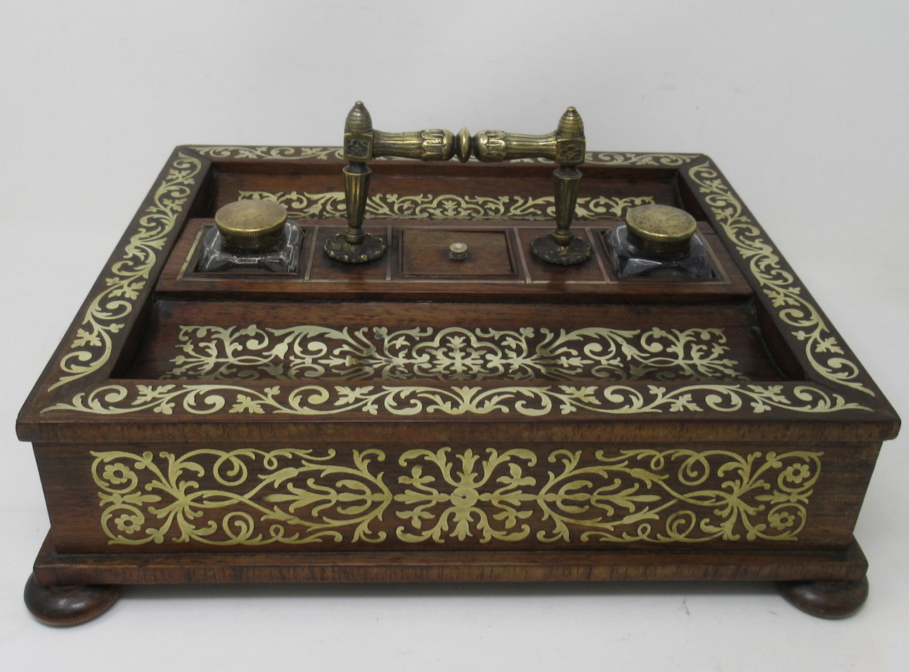 166. Antique Grand Tour Mahogany Brass Inlaid Desk Set Inkstand English Regency 19Ct - Image 7
