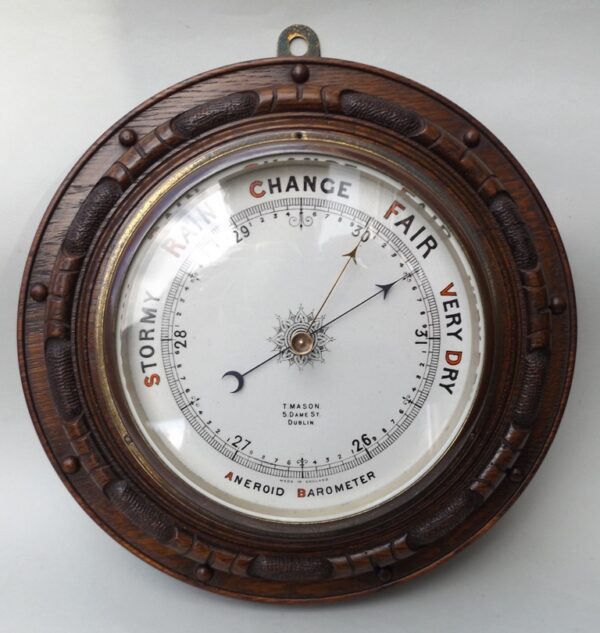882. Carved Oak Aneroid Barometer Retailed by Thomas Mason Dublin 1886-1889