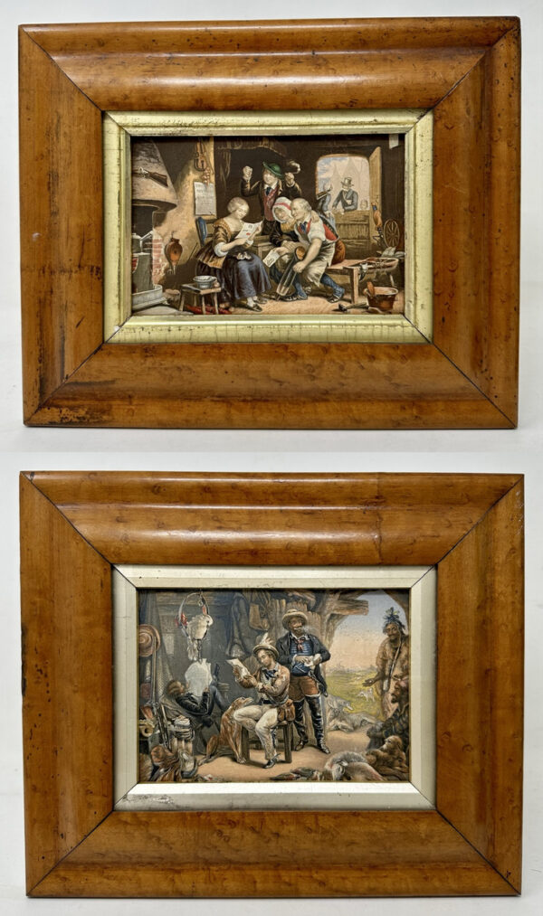 914. George Baxter Antique Pair Hand Colored Print Engraving Birds Eye Maple Frames