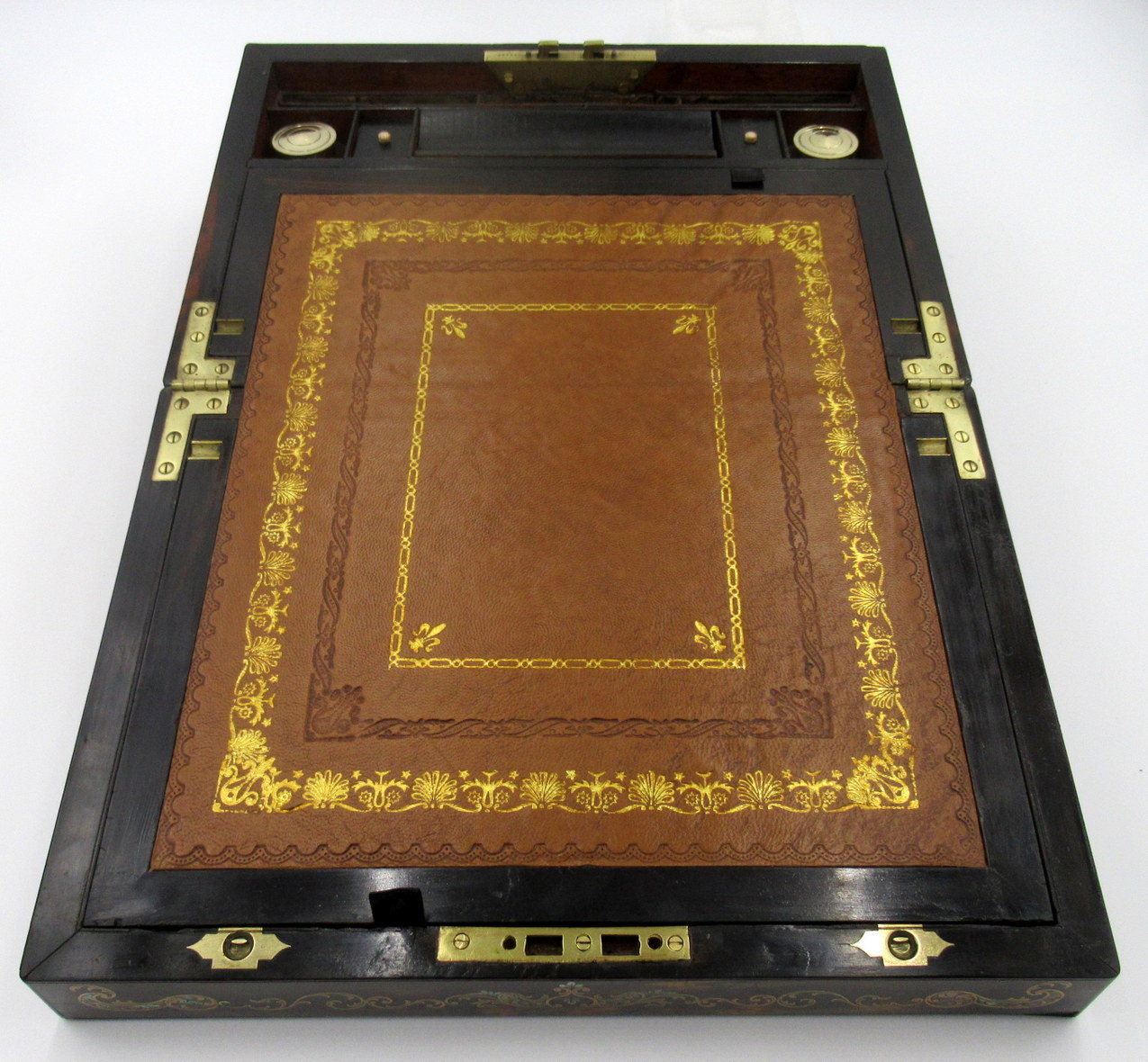 279. Antique Coromandel Mahogany Brass Inlaid English Writing Box Slope Mother Pearl - Image 12