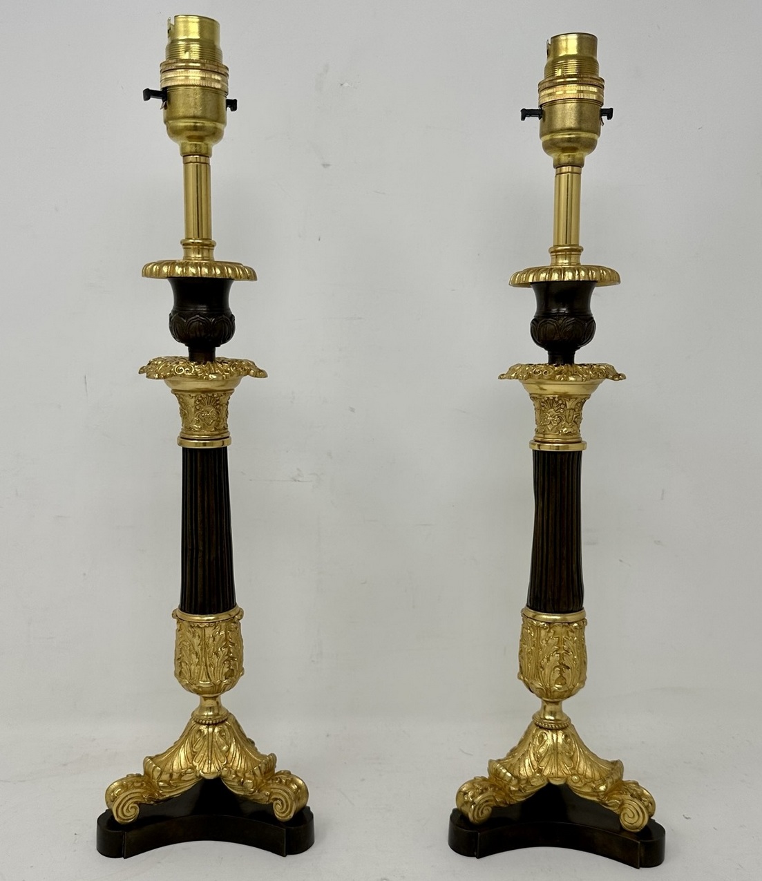 077. Antique Pair of French Doré Bronze Neoclassical Ormolu Gilt Candlestick Lamps - Image 3