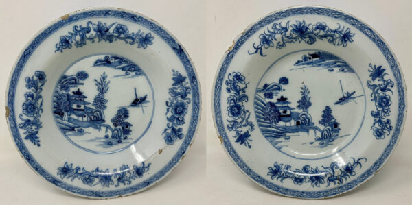 875. Antique Irish Dublin Delftware Blue White Chargers Plates Delamain Ireland Pair