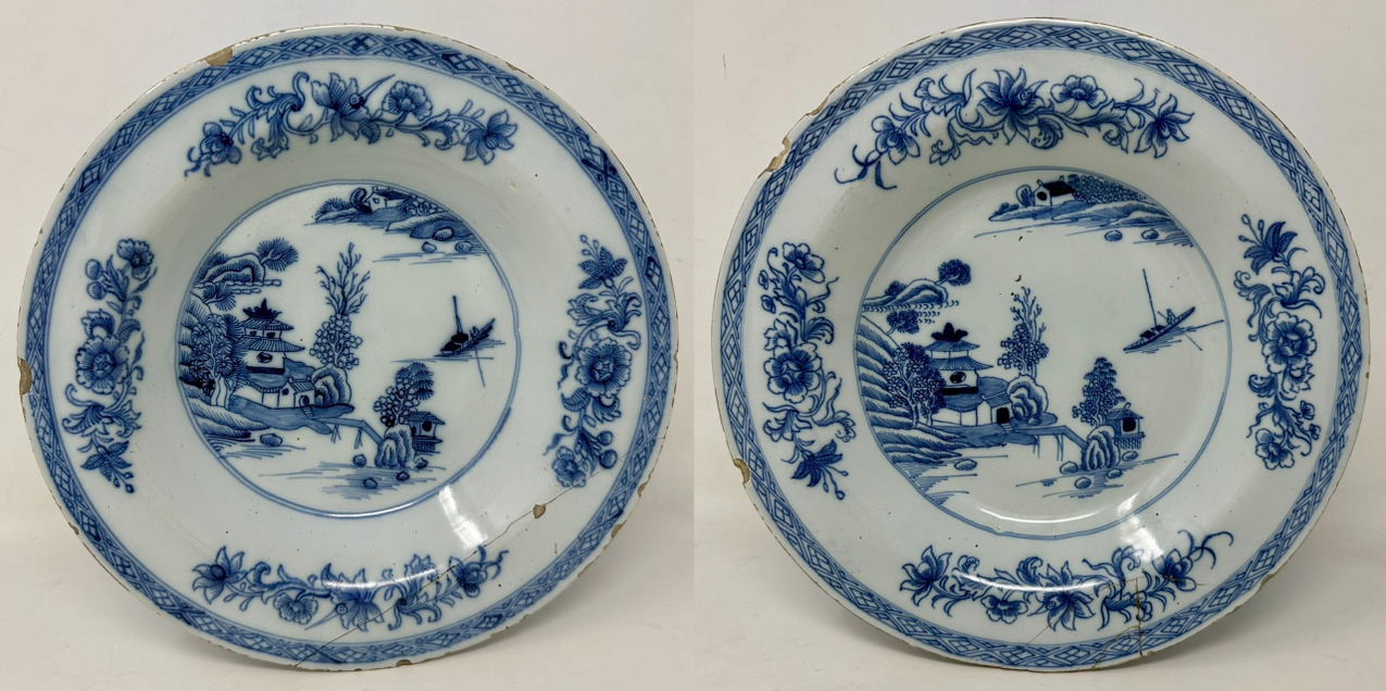 875. Antique Irish Dublin Delftware Blue White Chargers Plates Delamain Ireland Pair