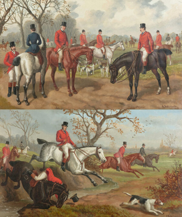657. Antique Pair English Equine Horse Hunting Oil Paintings Edward Benjamin Herberte
