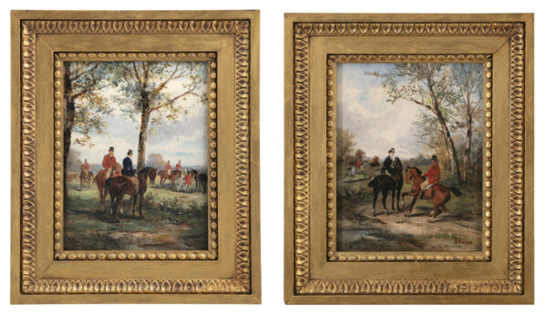 972. Antique Pair English Equine Horse Hunting Oil Paintings Robert Stone Gilt Frames