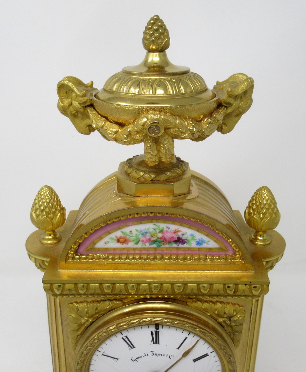968. Fine French Ormolu Mantle Clock Sevres Panels 19thCt. Howell Janes London Paris - Image 3