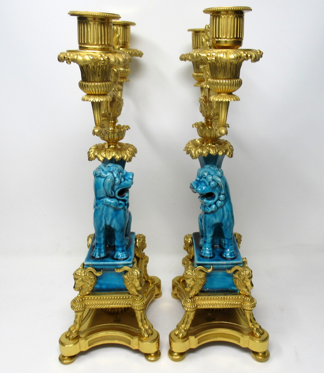 290. Pair French Ormolu Chinese Porcelain Twin Light Candelabra Kangxi 18th Century - Image 4