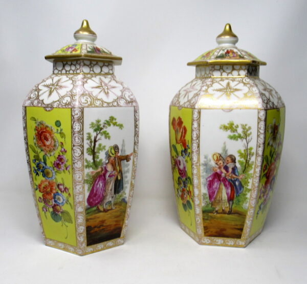 703. Pair German Helena Wolfson Dresden Hand Painted Vases Classical Floral Scenes 19th Century