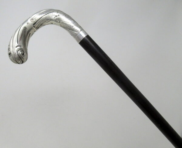 901. Antique Vintage Ladies Gentlemans Ebony Walking Stick Sterling Silver