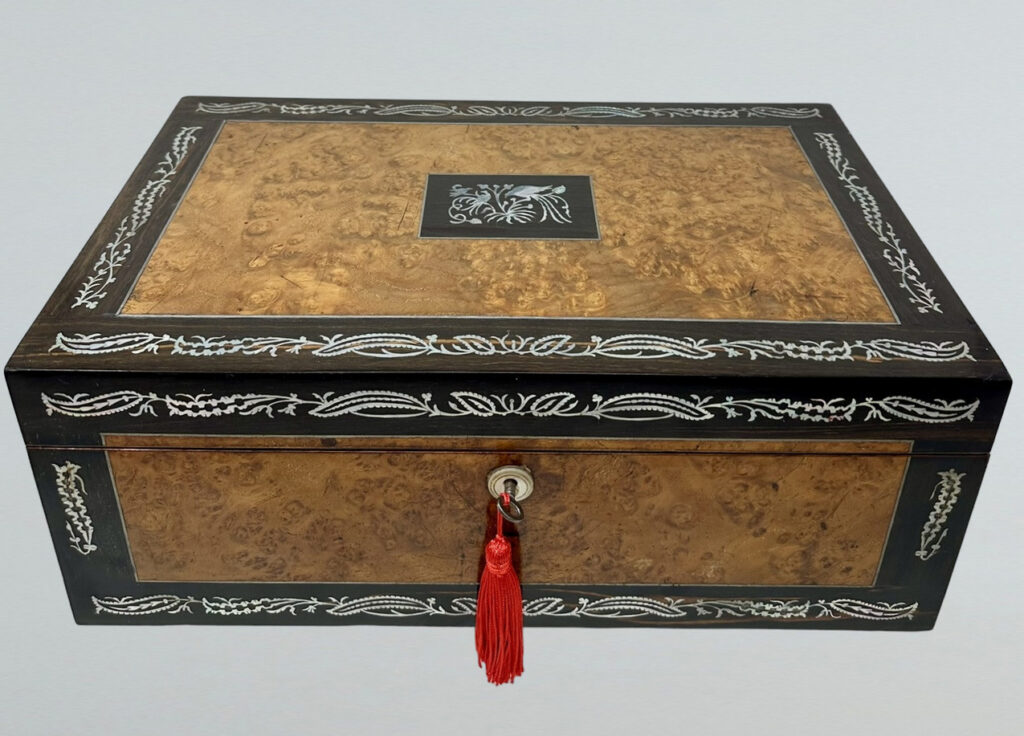 561. SOLD. Antique Pewter Inlaid Burl Amboyna Coromandel Desk Wooden Writing Slope Box 19Ct