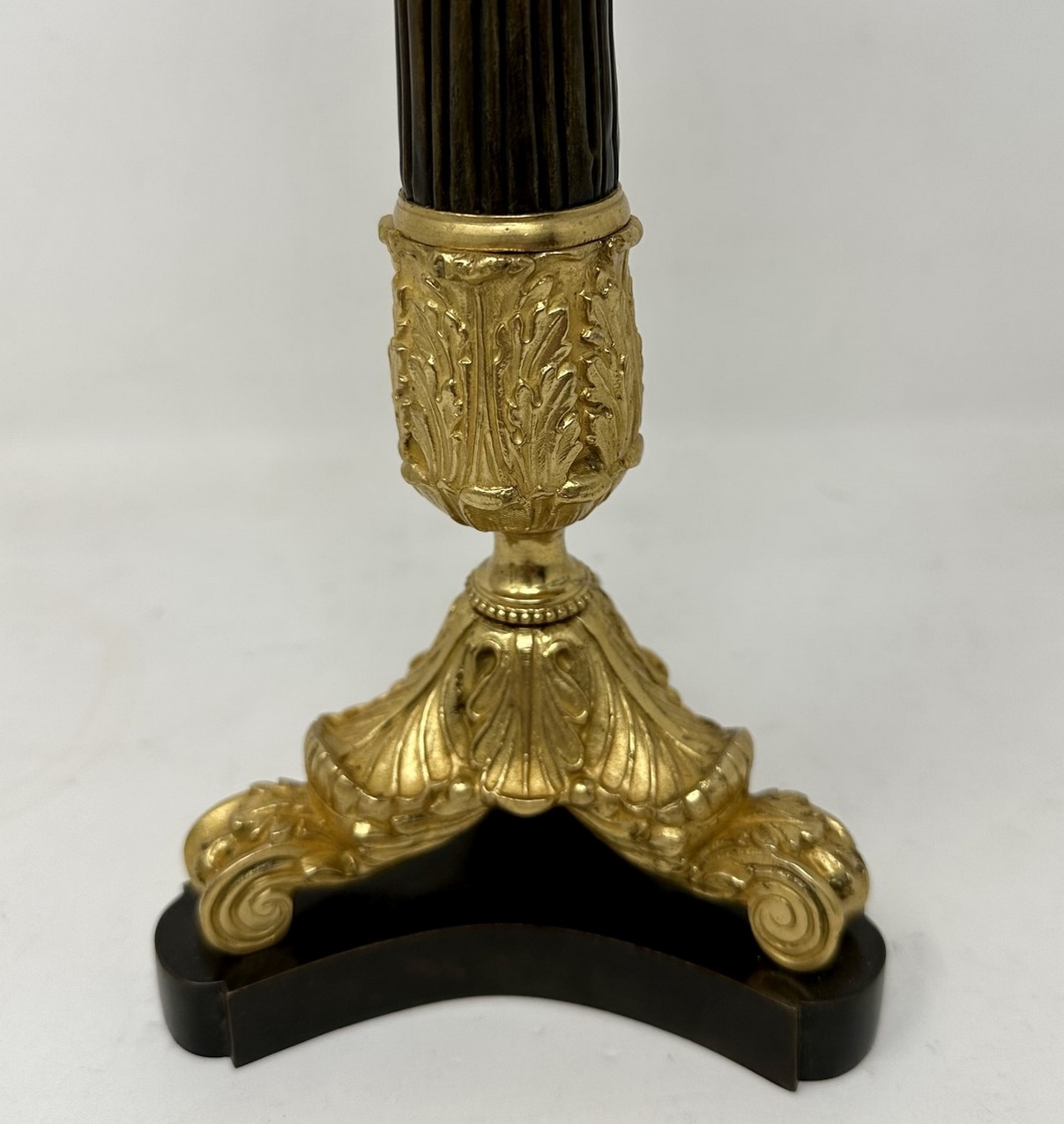 077. Antique Pair of French Doré Bronze Neoclassical Ormolu Gilt Candlestick Lamps - Image 5