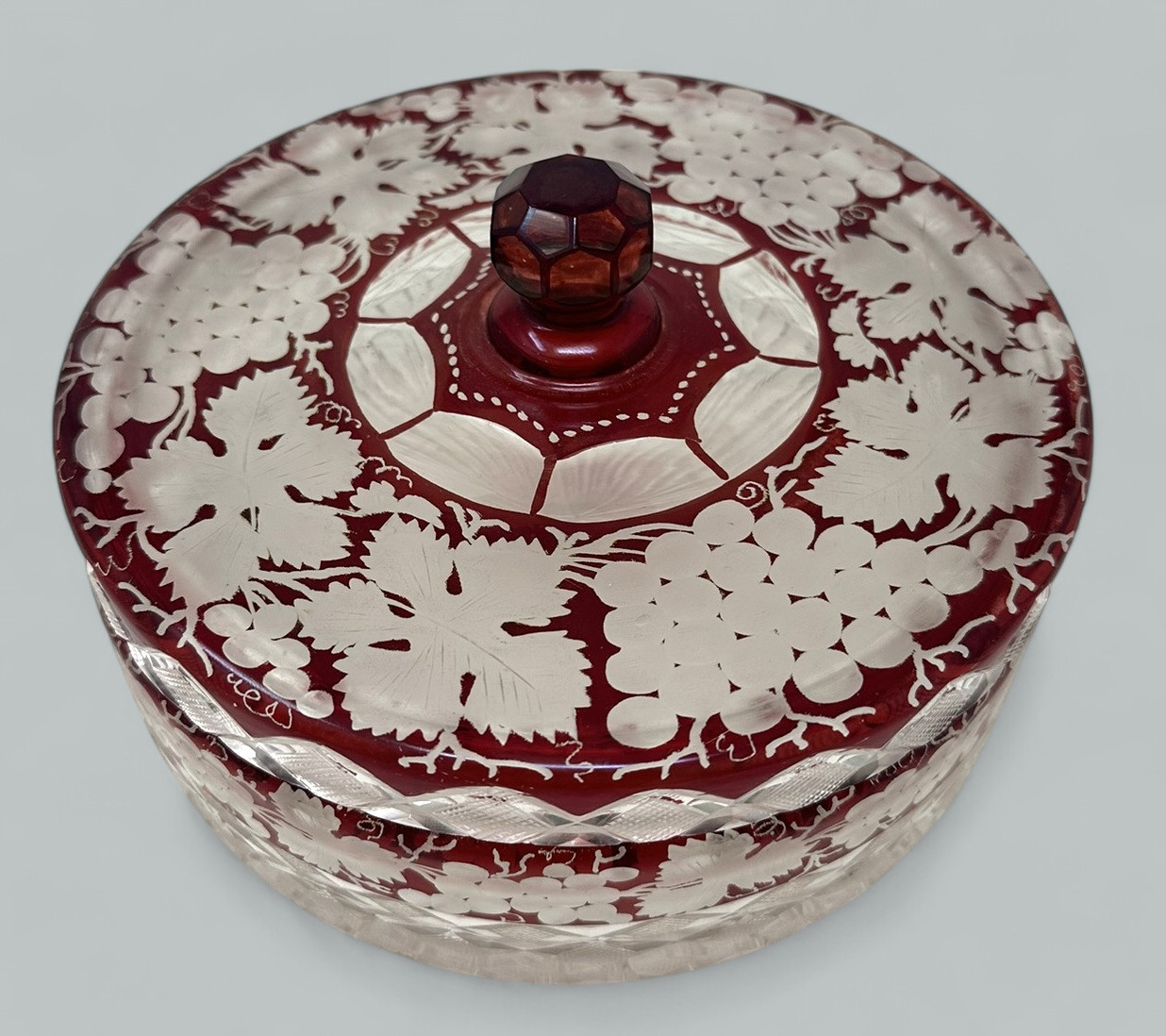 523. Antique Victorian Bohemian Hand Cut to Clear Crystal Ruby Red Glass Centerpiece - Image 2