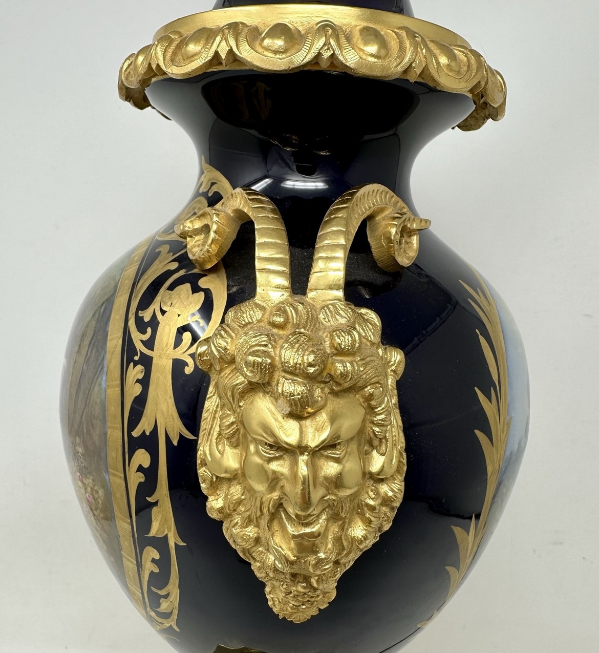 526. French Sèvres Porcelain Watteau Scene Ormolu Cobalt Blue Table Lamp Bronze Satyr - Image 6
