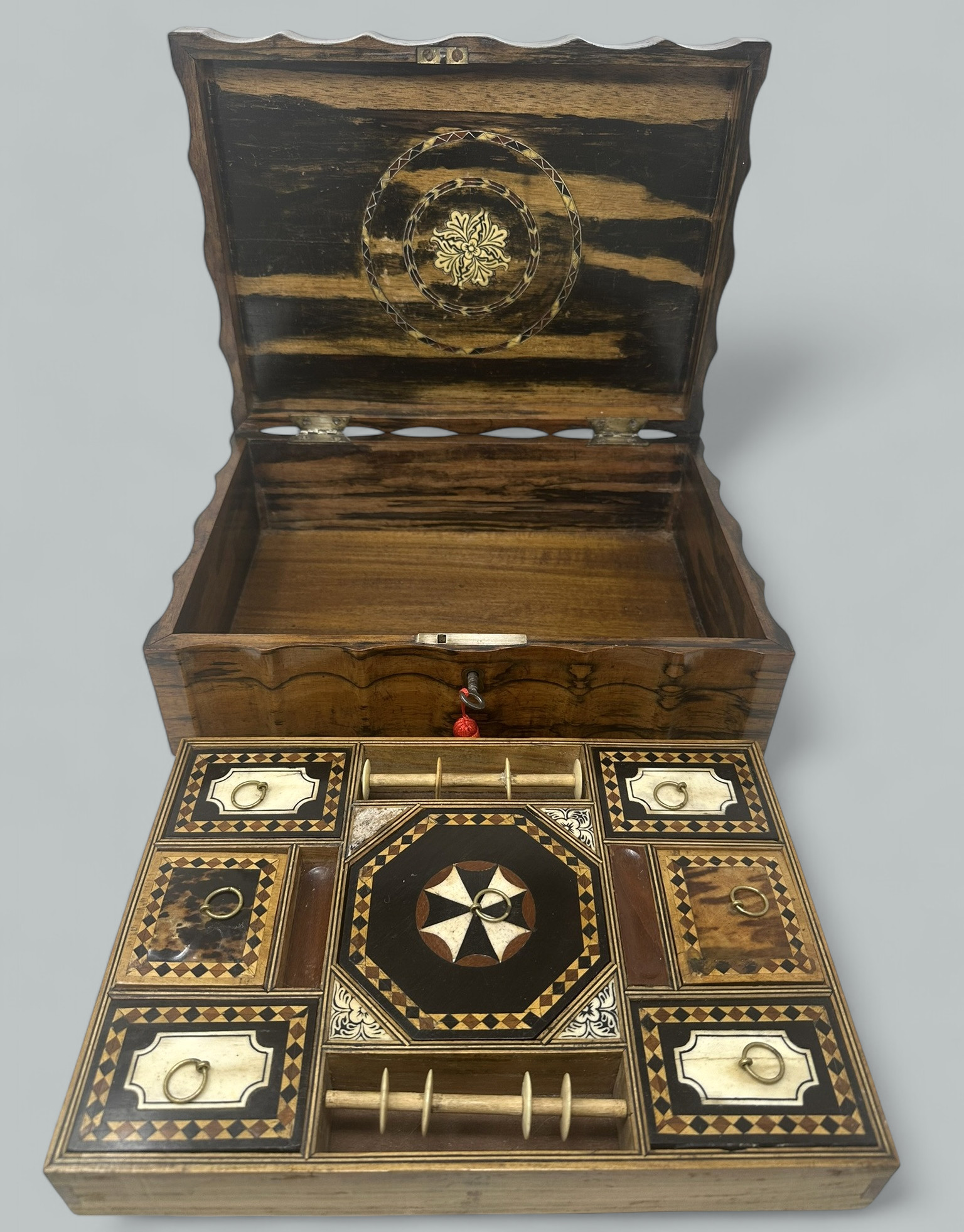 108. Antique Anglo Indian Coromandel Satinwood Ladys Jewelry Sewing Table Box 19th Ct - Image 6